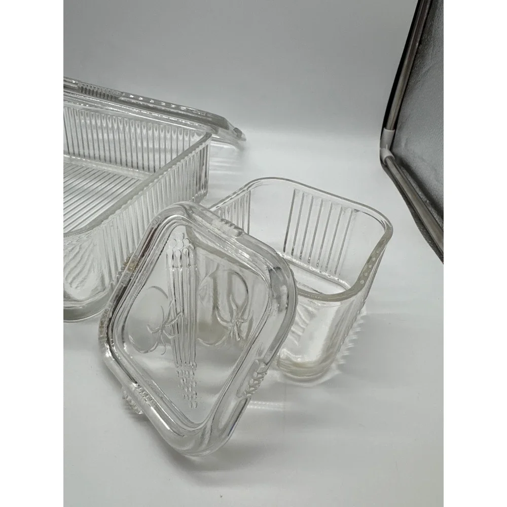 Vintage Federal Glass Refrigerator Dishes Clear Ribbed Vegetable Lid Lot 8x8 4x4